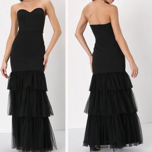 LULU'S  SZ S Dramatic Fanatic Black Strapless Tulle Trumpet Maxi Dress NEW B26